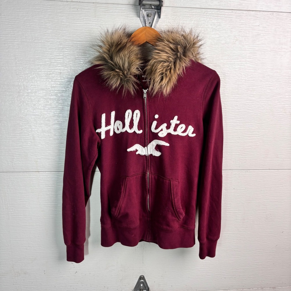Hollister Faux Fur Burgundy Zip Hoodie Logo Y2K Style Large